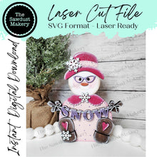 Load image into Gallery viewer, Chunky Sitting Mrs. Snow Shelf Sitter SVG | Snowman laser cut file | Snow SVG | Glowforge | Snowman | Frosty | Snowflakes |Winter SVG