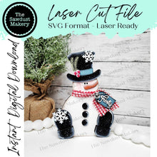Load image into Gallery viewer, Chunky Sitting Snowman Shelf Sitter SVG | Snowman laser cut file | Snow SVG | Glowforge | Snowman | Frosty | Snowflakes |Winter SVG