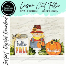 Load image into Gallery viewer, Hello Fall Shelf Sitters SVG File | Laser Cut File | Glowforge | Sunflowers | Pumpkins | Fall Mantle Decor | Fall Scarecrow laser Cut File