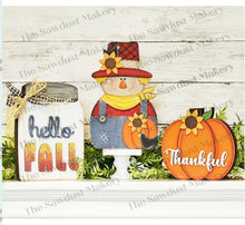 Load image into Gallery viewer, Hello Fall Shelf Sitters SVG File | Laser Cut File | Glowforge | Sunflowers | Pumpkins | Fall Mantle Decor | Fall Scarecrow laser Cut File