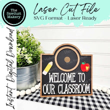 Load image into Gallery viewer, Interchangeable Welcome to our Classroom Sign Frame SVG | Laser Cut File | Glowforge | 3" Round Insert Frame | Seasonal Interchangeable