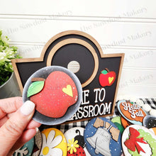 Load image into Gallery viewer, Interchangeable Welcome to our Classroom Sign Frame SVG | Laser Cut File | Glowforge | 3" Round Insert Frame | Seasonal Interchangeable