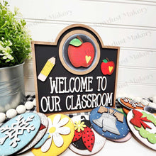 Load image into Gallery viewer, Interchangeable Welcome to our Classroom Sign Frame SVG | Laser Cut File | Glowforge | 3" Round Insert Frame | Seasonal Interchangeable