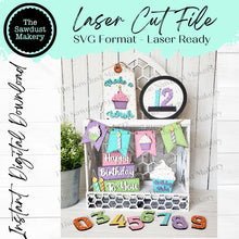 Load image into Gallery viewer, Birthday Tiered Tray SVG File | Laser Cut File | Happy Birthday | Make a Wish | Birthday Candles svg | Cupcake SVG | Birthday Party
