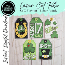 Load image into Gallery viewer, Farmhouse St. Patrick's Day Tag Ornaments SVG File | Laser Cut File | Glowforge | St. Patrick's SVG | Lucky | Shamrock
