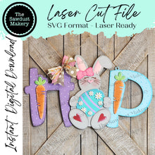 Load image into Gallery viewer, HOP Bunny Door Hanger Sign SVG | Laser Cut File | Glowforge | Easter SVG | Bunny laser cut file | Bunny svg | Easter Decor