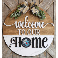 Load image into Gallery viewer, Welcome to Our/My Home Door Hanger Sign SVG | Laser Cut File | Glowforge | 3" Round Insert Frame | Seasonal Interchangeable