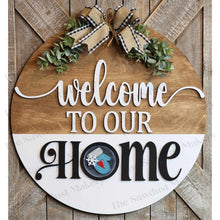 Load image into Gallery viewer, 15" Round Welcome to Our/My Home Door Hanger Sign SVG | Laser Cut File | Glowforge | 3" Round Insert Frame | Seasonal Interchangeable