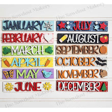 Load image into Gallery viewer, Interchangeable Seasonal Standing Calendar & Sign Frame SVG | Laser Cut File | Glowforge | 4.25 Sign Insert Frame | Seasonal Interchangeable