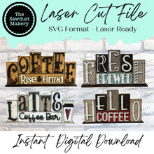 Load image into Gallery viewer, Add-on Mini Coffee Word Block 5 & 6 Letter Sets | Mini Word Block SVG laser Cut File | Glowforge | Standing Reversible SVG File
