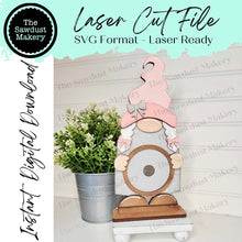 Load image into Gallery viewer, Interchangeable Standing Girl Gnome Jar Lid Sign Frame SVG | Laser Cut File | Glowforge | 3" Round Insert Frame | Seasonal Interchangeable