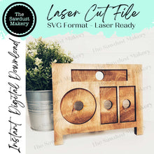 Load image into Gallery viewer, Interchangeable Seasonal Standing Calendar Sign Frame SVG | Laser Cut File | Glowforge | 3" Round Insert Frame | Seasonal Interchangeable