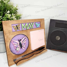 Load image into Gallery viewer, Interchangeable Seasonal Standing Note Holder Sign Frame SVG | Laser Cut File | Glowforge | 3" Round Insert Frame | Seasonal Interchangeable