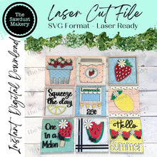 Load image into Gallery viewer, Summer Fruit Laser Cut SVG File | Summer Interchangeable Leaning Sign Bundle File SVG | Strawberry | Lemonade | Watermelon | Farmhouse Frame