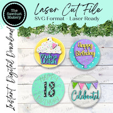 Load image into Gallery viewer, Birthday Round Bundle | Candy/Mason/Cookie Jar lid Interchangeable Frame SVG | Laser Cut File | Interchangeable Frame