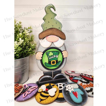 Load image into Gallery viewer, Interchangeable Standing Gnome Jar Lid Sign Frame SVG | Laser Cut File | Glowforge | 3" Round Insert Frame | Seasonal Interchangeable