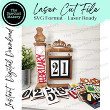 Load image into Gallery viewer, Interchangeable Seasonal Standing Calendar & Sign Frame SVG | Laser Cut File | Glowforge | 4.25 Sign Insert Frame | Seasonal Interchangeable