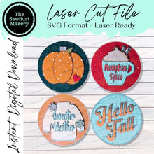 Load image into Gallery viewer, 6" Round Hello Fall Sign Set SVG File | Laser Cut File | Interchangeable Frame | Pumpkin| Sweater Weather | Pumpkin Spice | Hello Fall SVG