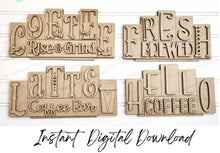 Load image into Gallery viewer, Add-on Mini Coffee Word Block 5 & 6 Letter Sets | Mini Word Block SVG laser Cut File | Glowforge | Standing Reversible SVG File
