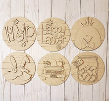 Load image into Gallery viewer, 6" Round Easter Interchangeable Sign Set SVG File | Laser Cut File | Interchangeable Farmhouse Frame | Bunny | Happy Easter SVG | HOP