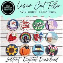Load image into Gallery viewer, Vol. 4 ~ 12 Month Seasonal Round Bundle | Candy/Mason/Cookie Jar lid Interchangeable Frame SVG | Laser Cut File | Interchangeable Frame