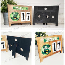 Load image into Gallery viewer, Interchangeable Seasonal Standing Calendar Sign Frame SVG | Laser Cut File | Glowforge | 3" Round Insert Frame | Seasonal Interchangeable