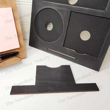Load image into Gallery viewer, Interchangeable Seasonal Standing Note Holder Sign Frame SVG | Laser Cut File | Glowforge | 3" Round Insert Frame | Seasonal Interchangeable