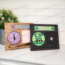 Load image into Gallery viewer, Interchangeable Seasonal Standing Note Holder Sign Frame SVG | Laser Cut File | Glowforge | 3" Round Insert Frame | Seasonal Interchangeable