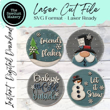 Load image into Gallery viewer, 6" Round Snowman Winter Sign Set SVG File | Laser Cut File | Interchangeable Frame | Winter Gnome SVG | Let it Snow | Baby it's Cold SVG