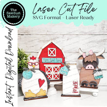 Load image into Gallery viewer, Standing Farm Shelf Sitter SVG | Highland Cow laser cut file | Laser SVG | Glowforge | Chicken SVG | Barn svg | Fresh Milk svg | Cows