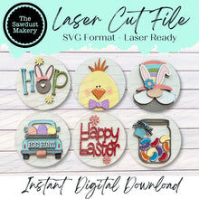 Load image into Gallery viewer, 6" Round Easter Interchangeable Sign Set SVG File | Laser Cut File | Interchangeable Farmhouse Frame | Bunny | Happy Easter SVG | HOP