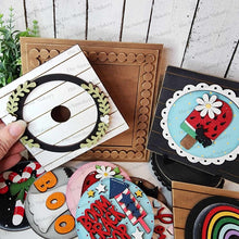 Load image into Gallery viewer, Interchangeable Shiplap Sign Frame Bundle SVG | Laser Cut File | Glowforge | 3" Round Insert Frame | Seasonal Interchangeable