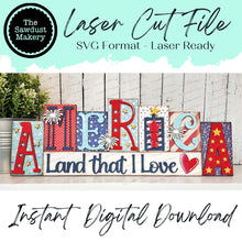Load image into Gallery viewer, Patriotic America Word Block SVG | Word Block SVG | SVG File | Laser Cut File | Glowforge | Mantle Decor svg | 4th of July svg