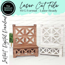Load image into Gallery viewer, Farmhouse Chair Display Stand SVG | Display Bench SVG | Laser Cut File | Tiered Tray Holder SVG | Home Decor Mantle svg file
