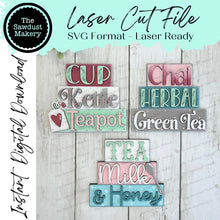 Load image into Gallery viewer, Tea Word Stacker | Tea Mini Word Block SVG | SVG File | Laser Cut File | Glowforge | Teapot |Tiered TrayDecor laser cut svg