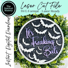 Load image into Gallery viewer, It's Freaking Bats Door Hanger | Halloween | Door Hanger | SVG File | Laser Cut File | Glowforge | Bats | Halloween SVG