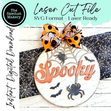 Load image into Gallery viewer, Spooky Halloween Door Hanger | Halloween | Door Hanger | SVG File | Laser Cut File | Glowforge | Bats | Fall SVG Decor | Spiderweb SVG