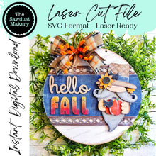 Load image into Gallery viewer, Hello Fall Scarecrow Gnome Door Hanger | Fall | Door Hanger | SVG File | Laser Cut File | Glowforge | Gnome SVG | Fall SVG