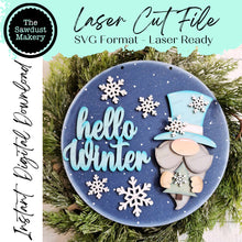 Load image into Gallery viewer, Hello Winter Gnome 10.5" Door Hanger SVG File | Laser Cut File | Snowman SVG File | Door Hanger svg | WinterSVG | Snowflake | Snowman Sign