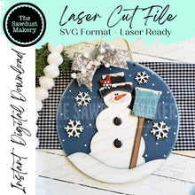 Load image into Gallery viewer, Hello Winter 10.5" Door Hanger SVG File | Laser Cut File | Snowman SVG File | Door Hanger svg | WinterSVG | Snowflake | Snowman Sign