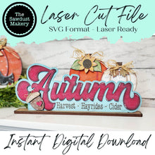 Load image into Gallery viewer, Standing Autumn Shelf Sitter SVG File | Laser Cut File | Glowforge | Sunflowers | Pumpkins | Fall Mantle Decor | Fall Pumpkin laser Cut File