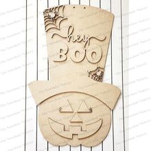 Load image into Gallery viewer, Hey Boo Pumpkin Head Halloween Door Hanger | Halloween | Door Hanger | SVG File | Laser Cut File | Fall SVG Decor | Spiderweb SVG