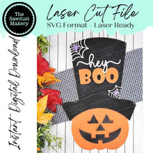 Load image into Gallery viewer, Hey Boo Pumpkin Head Halloween Door Hanger | Halloween | Door Hanger | SVG File | Laser Cut File | Fall SVG Decor | Spiderweb SVG