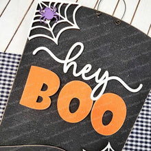 Load image into Gallery viewer, Hey Boo Pumpkin Head Halloween Door Hanger | Halloween | Door Hanger | SVG File | Laser Cut File | Fall SVG Decor | Spiderweb SVG