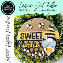 Load image into Gallery viewer, Sweet Summer Bee Gnome Door Hanger SVG File | Bee Hive SVG | Laser Cut File | Glowforge | Bee SVG File | Honey | Bees | Honey Bee Gnome
