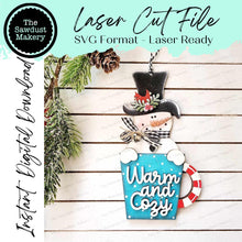 Load image into Gallery viewer, Warm & Cozy Snowman Mug Ornament SVG File | Laser Cut File | Christmas Ornament SVG | Ornament Bundle SVG | Snowman Ornament Svg
