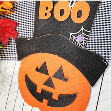 Load image into Gallery viewer, Hey Boo Pumpkin Head Halloween Door Hanger | Halloween | Door Hanger | SVG File | Laser Cut File | Fall SVG Decor | Spiderweb SVG