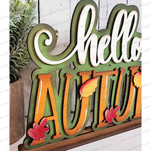 Load image into Gallery viewer, Hello Autumn Standing Sitter SVG | Snowman laser cut file Let it Snow | Glowforge | Fall Shelf Sitter | Fall Leaves | Autumn SVG