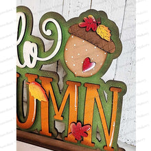 Load image into Gallery viewer, Hello Autumn Standing Sitter SVG | Snowman laser cut file Let it Snow | Glowforge | Fall Shelf Sitter | Fall Leaves | Autumn SVG