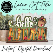 Load image into Gallery viewer, Hello Autumn Standing Sitter SVG | Snowman laser cut file Let it Snow | Glowforge | Fall Shelf Sitter | Fall Leaves | Autumn SVG